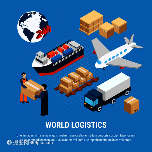 各种物流货运送货服务工作者蓝色背景三维等距矢量图上物流等距集